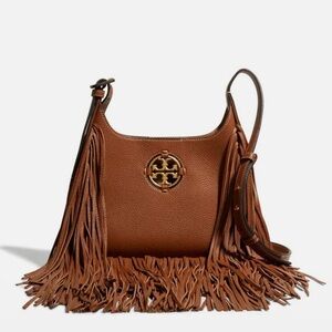 TORY BURCH Miller Small Leather Fringe Hobo Bag Light Umber